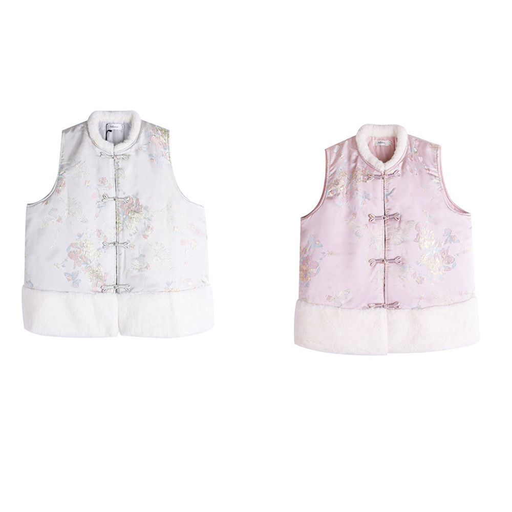 チャイナ風デザインのファーコラージュ 花柄ジャガードサテンベスト2