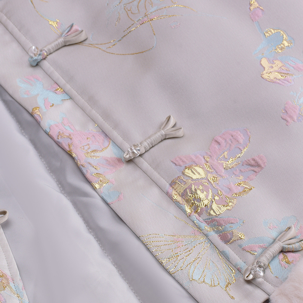 チャイナ風デザインのファーコラージュ 花柄ジャガードサテンベスト7