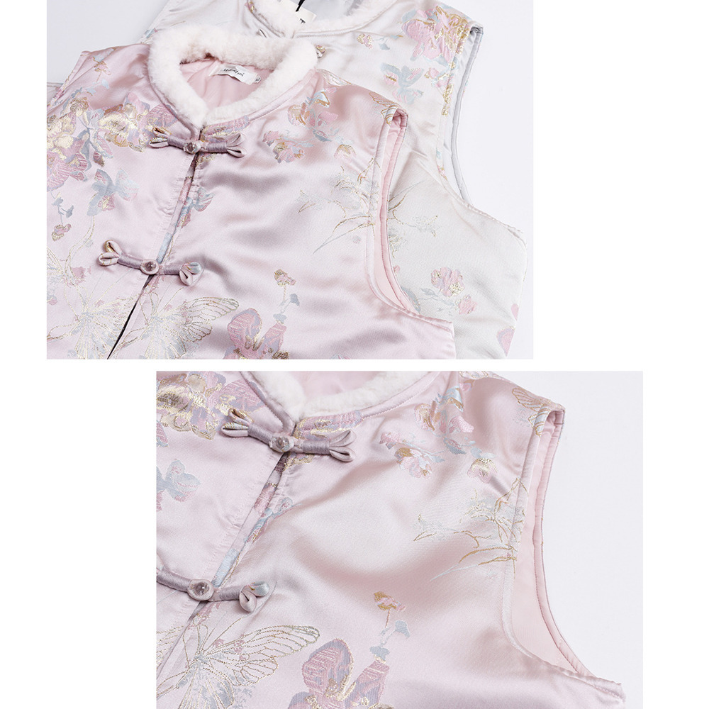 チャイナ風デザインのファーコラージュ 花柄ジャガードサテンベスト8