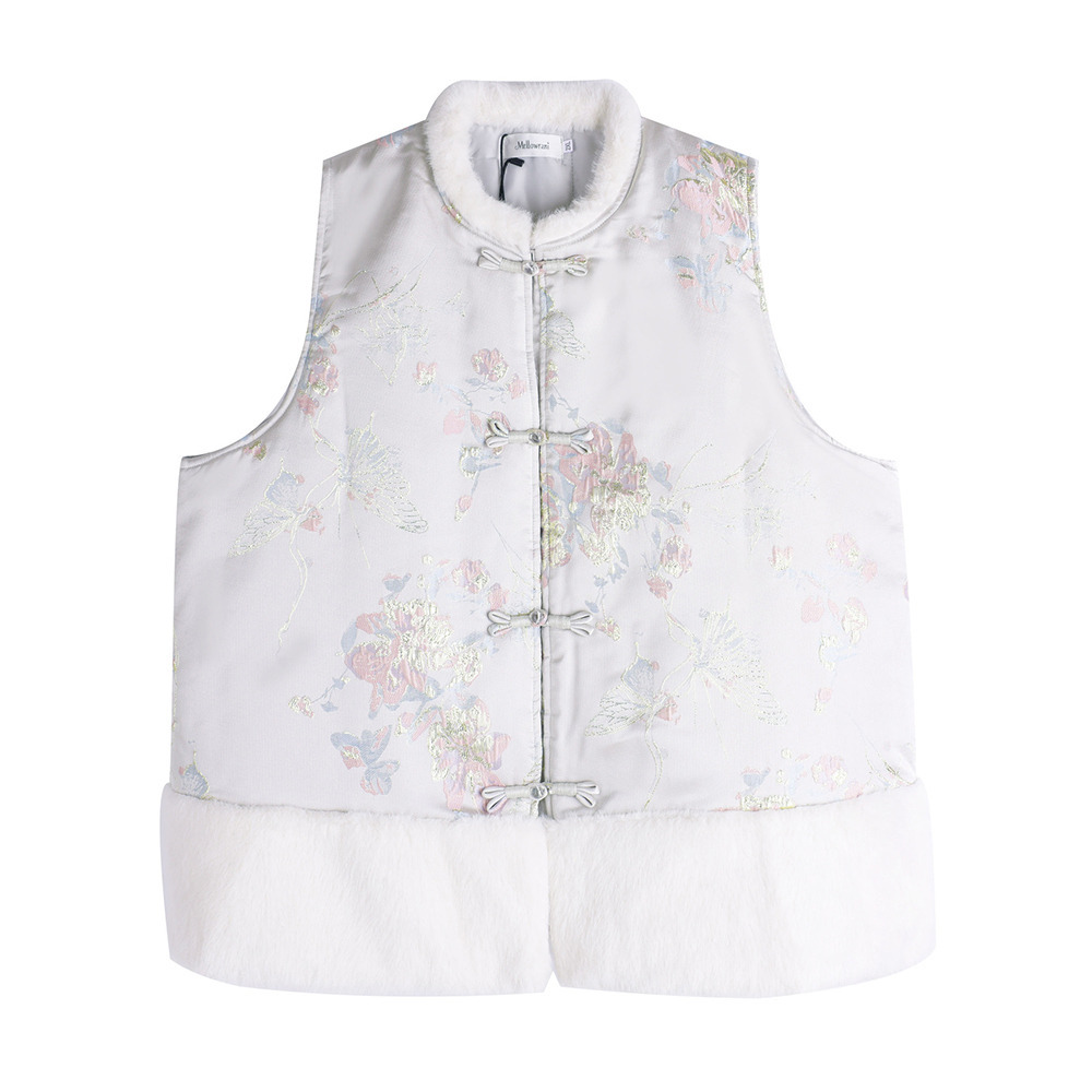 チャイナ風デザインのファーコラージュ 花柄ジャガードサテンベスト1