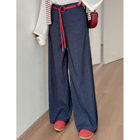 【今だけ10%オフ】ベルトセットのハイウエスト センタープレス ワイドストレートパンツ