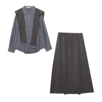 着丈2タイプ ショール付き 長袖シャツ+Aラインスカートセットアップ   