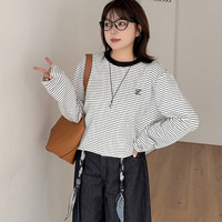 細ボーダー柄で胸英字刺繍入りのオーバーサイズ 長袖Tシャツ