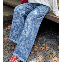 レトロな薔薇模様のジャガードデニム ワイドストレートパンツ