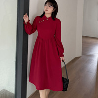 ワッフル生地 チャイナカラー フレアワンピース