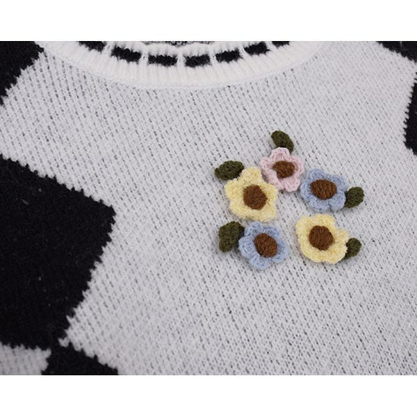 【今だけ10%オフ】レトロなチェック柄とかぎ針編みの花飾り付きニットプルオーバー13