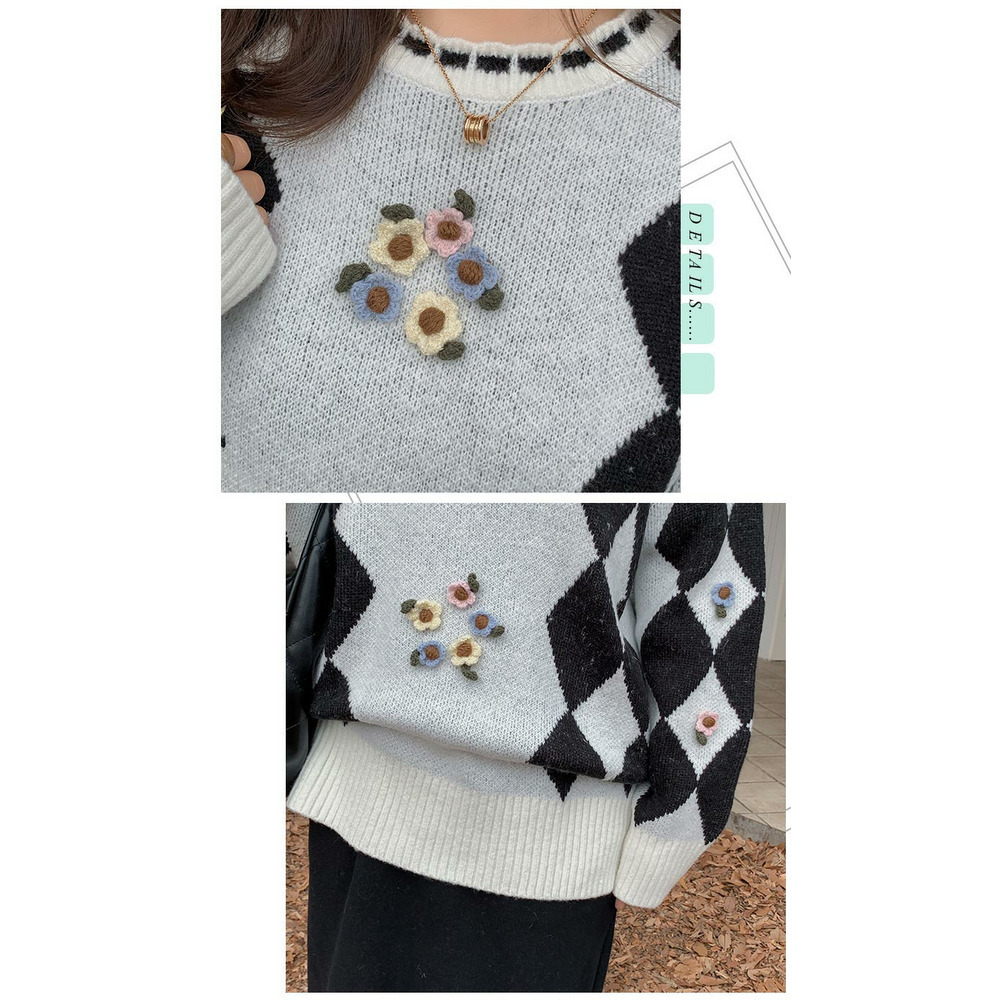 【今だけ10%オフ】レトロなチェック柄とかぎ針編みの花飾り付きニットプルオーバー19