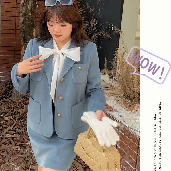 【今だけ10%オフ】ウールライク生地 シングルブレスト ジャケット+スカートスーツ10