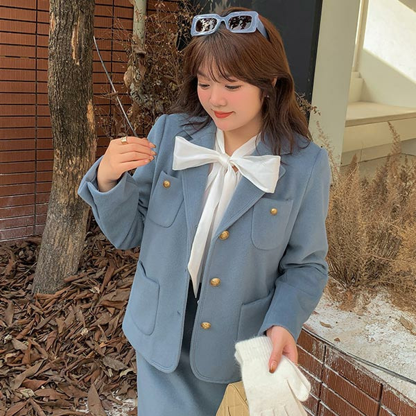 【今だけ10%オフ】ウールライク生地 シングルブレスト ジャケット+スカートスーツ1