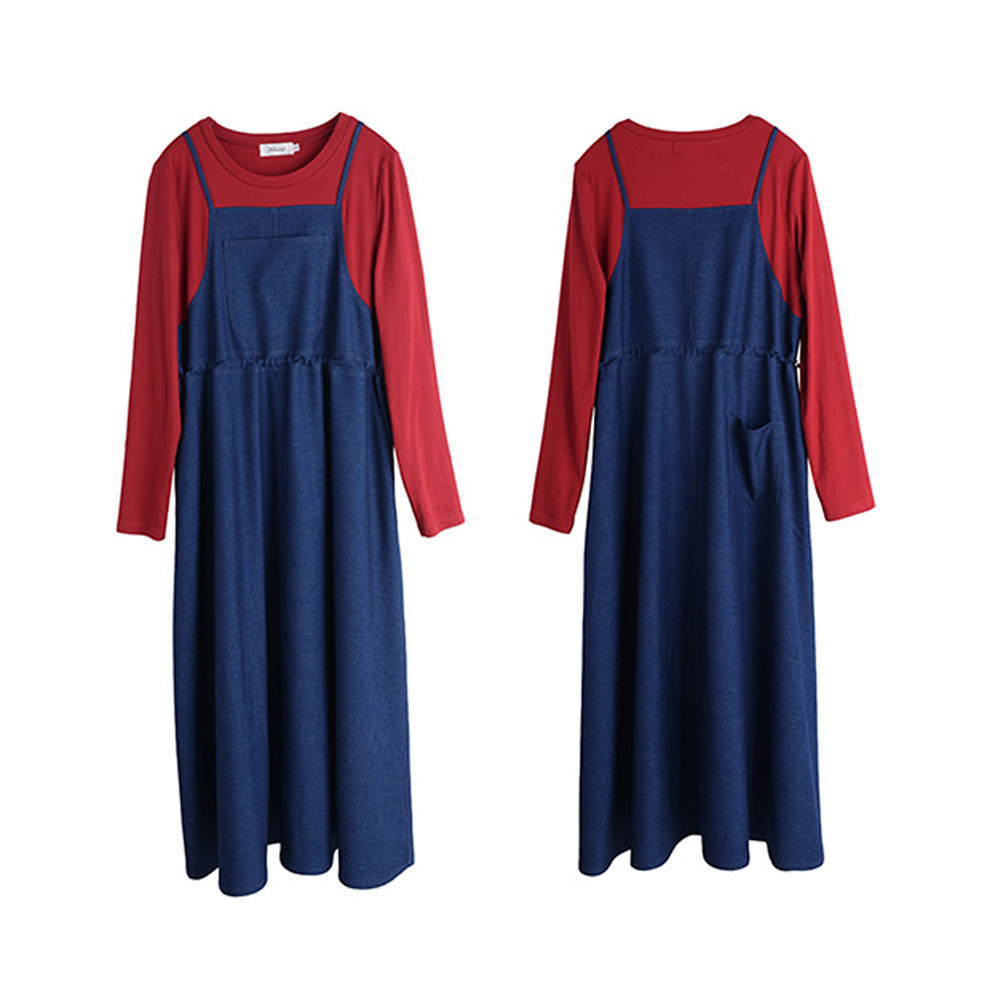 【今だけ10%オフ】長袖Tシャツとデニムジャンパースカートのレイヤード風ワンピース18
