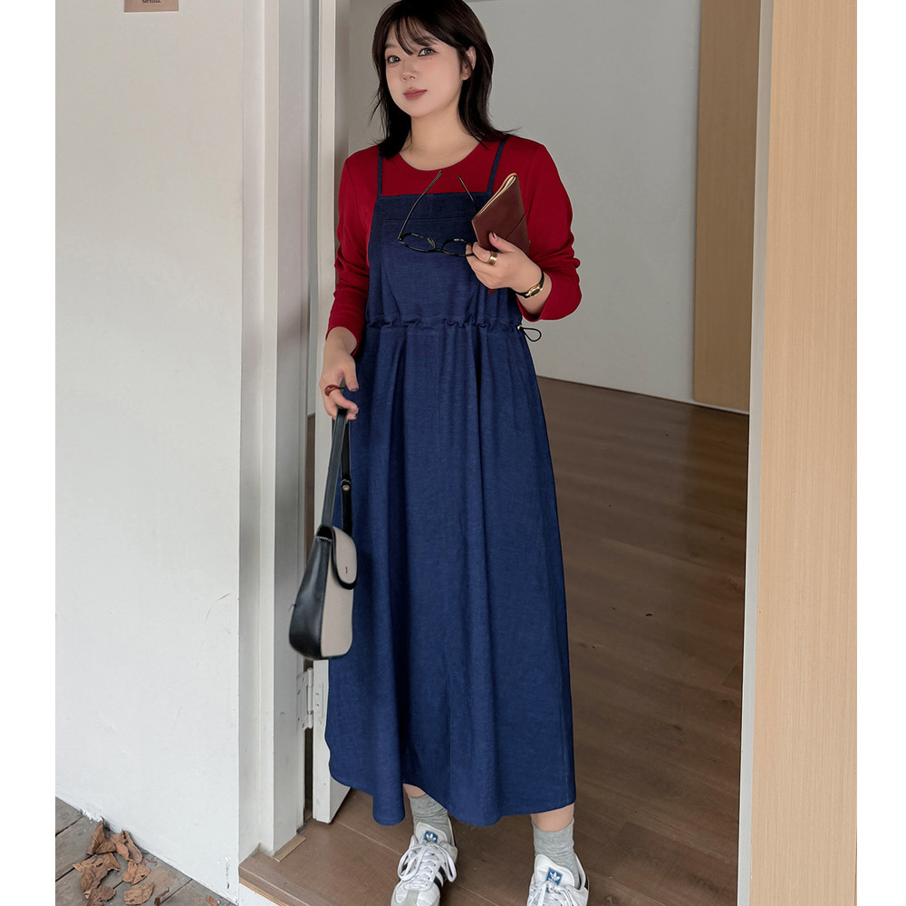 【今だけ10%オフ】長袖Tシャツとデニムジャンパースカートのレイヤード風ワンピース5