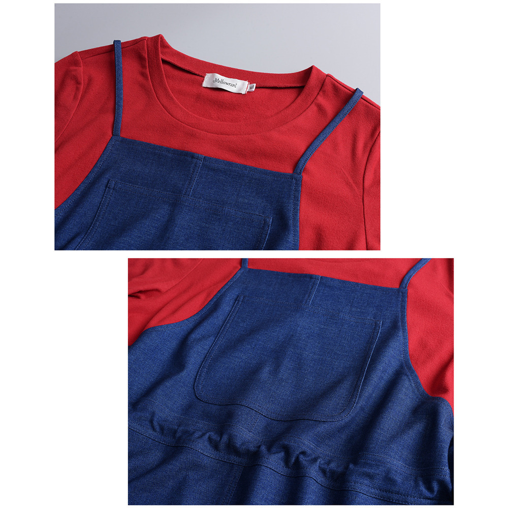 【今だけ10%オフ】長袖Tシャツとデニムジャンパースカートのレイヤード風ワンピース9