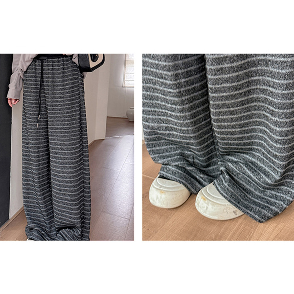 暖かな裏起毛素材 細ボーダー柄ウエストゴム ワイドストレートパンツ10