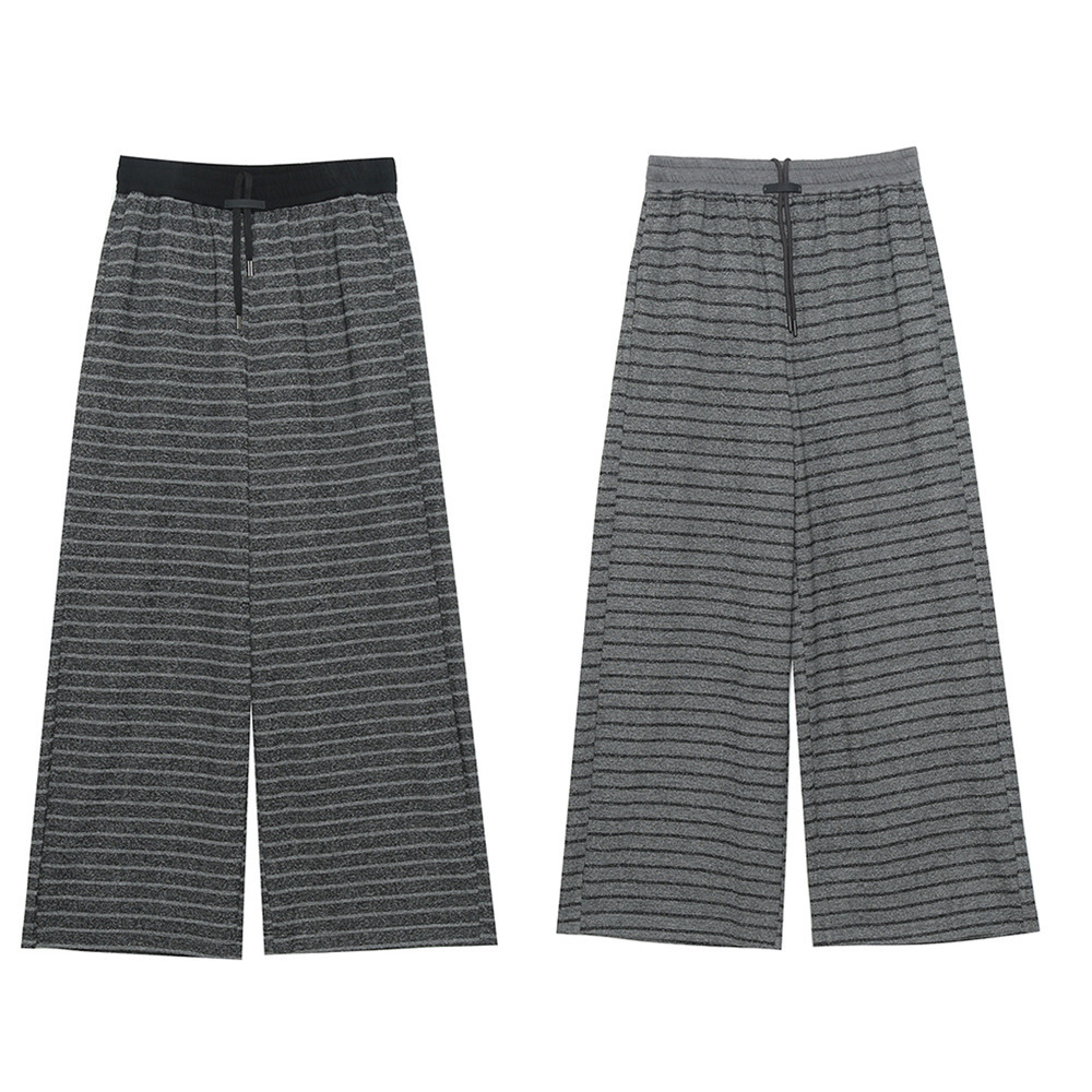 暖かな裏起毛素材 細ボーダー柄ウエストゴム ワイドストレートパンツ19