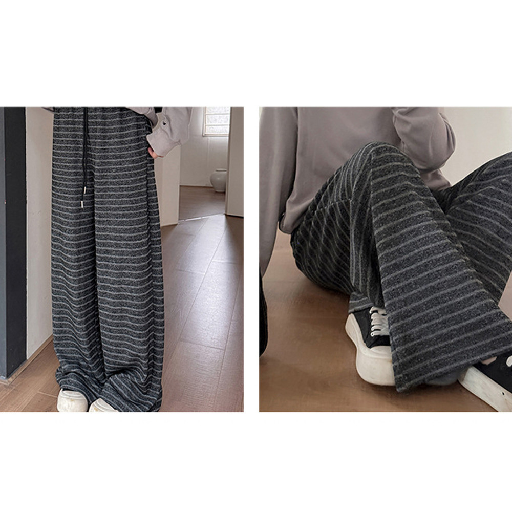 暖かな裏起毛素材 細ボーダー柄ウエストゴム ワイドストレートパンツ7