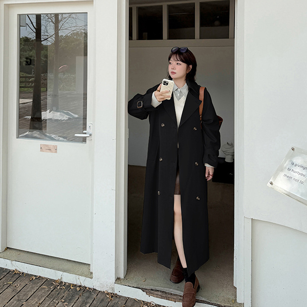 長さ10cm違いの2タイプ PUレザー二重襟付きトレンチコート2