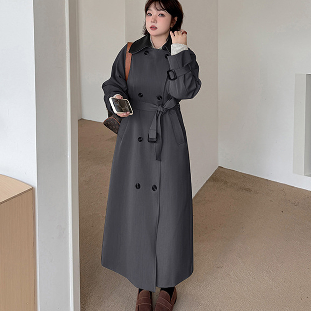 長さ10cm違いの2タイプ PUレザー二重襟付きトレンチコート3