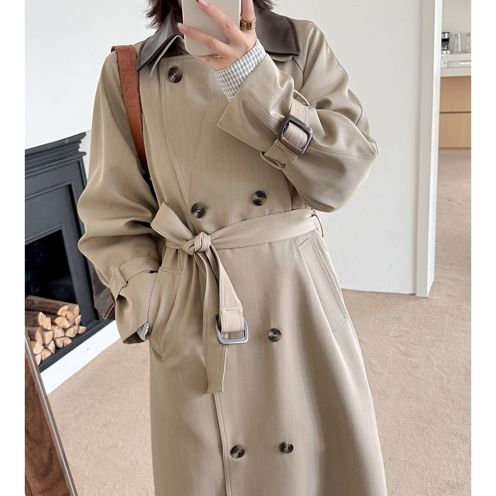 長さ10cm違いの2タイプ PUレザー二重襟付きトレンチコート6