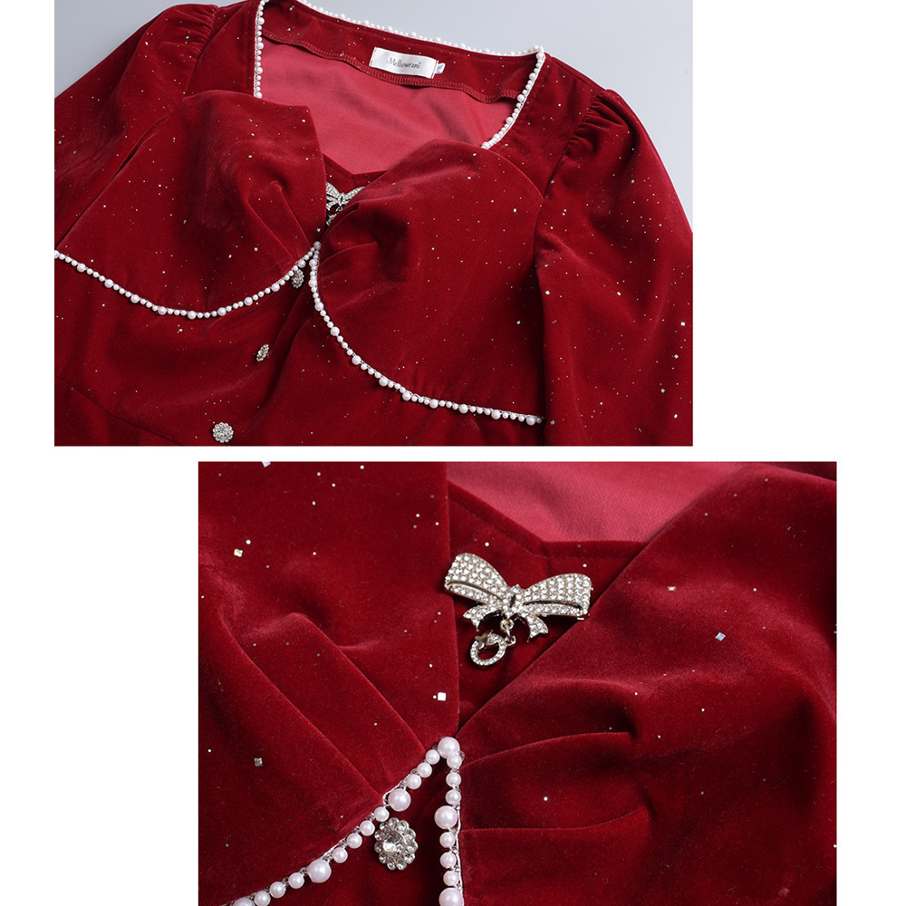 シルバーラメとビジューがキラキラ!ベルベットフレアワンピース10