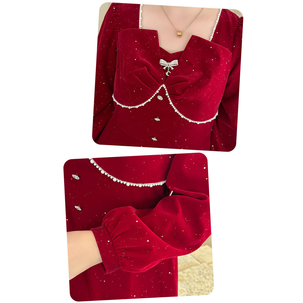 シルバーラメとビジューがキラキラ!ベルベットフレアワンピース16