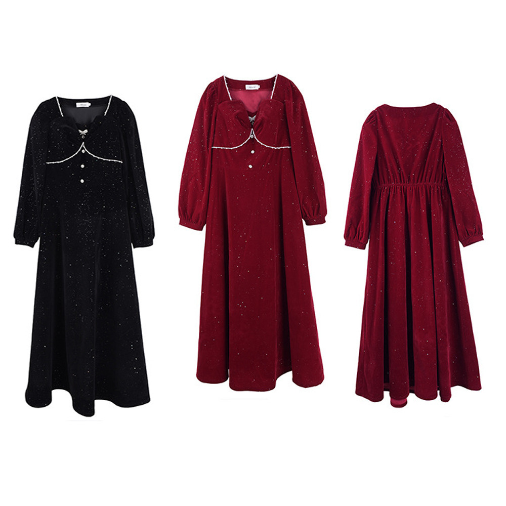 シルバーラメとビジューがキラキラ!ベルベットフレアワンピース19