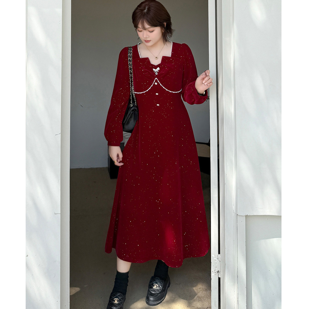 シルバーラメとビジューがキラキラ!ベルベットフレアワンピース3