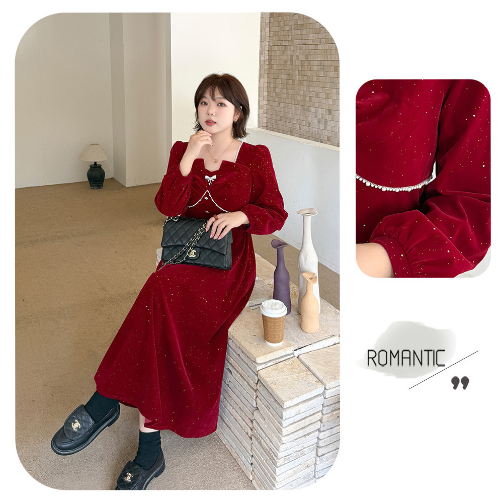 シルバーラメとビジューがキラキラ!ベルベットフレアワンピース6