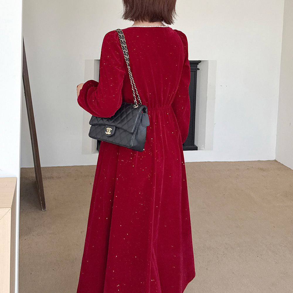 シルバーラメとビジューがキラキラ!ベルベットフレアワンピース7