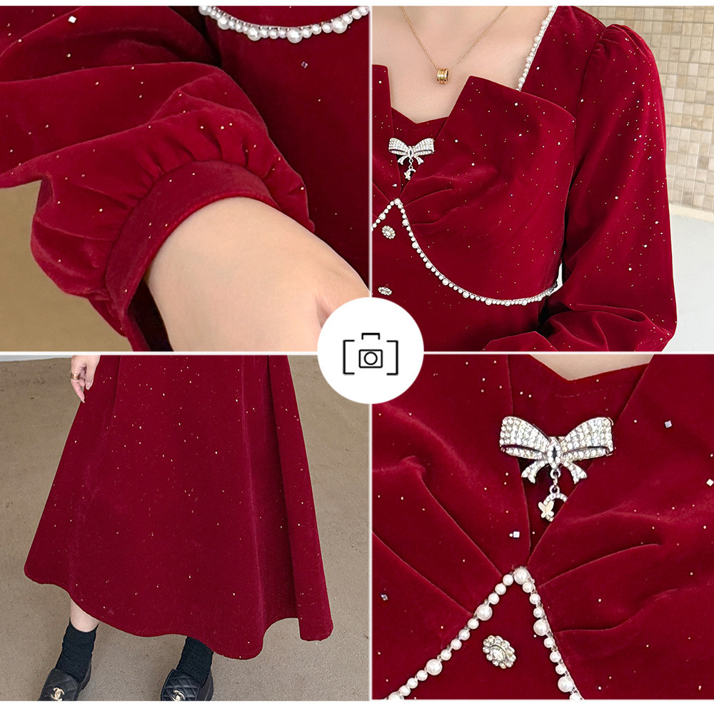 シルバーラメとビジューがキラキラ!ベルベットフレアワンピース9