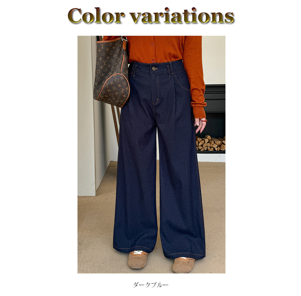 ウエストタック入りのワンウォッシュ綺麗めデニムワイドパンツ12