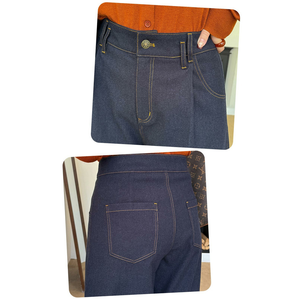 ウエストタック入りのワンウォッシュ綺麗めデニムワイドパンツ13