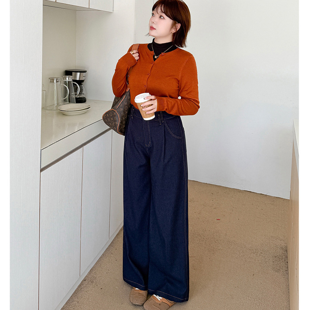 ウエストタック入りのワンウォッシュ綺麗めデニムワイドパンツ4