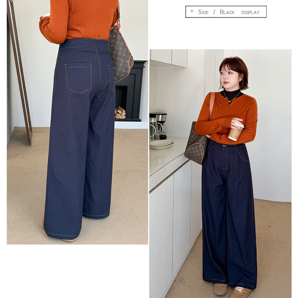 ウエストタック入りのワンウォッシュ綺麗めデニムワイドパンツ6