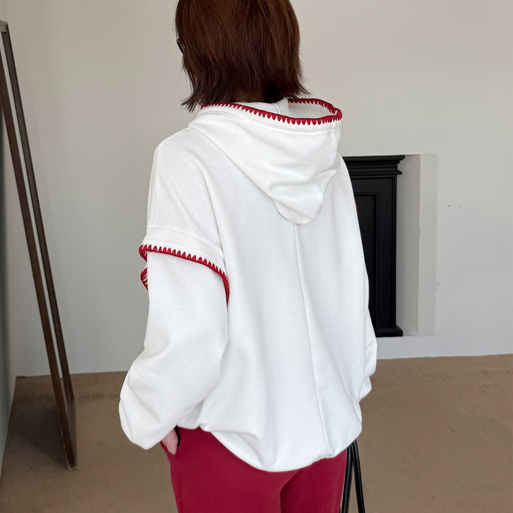 裏起毛の暖かで柔らかい刺繍縁取りスウェットプルオーバーパーカー6