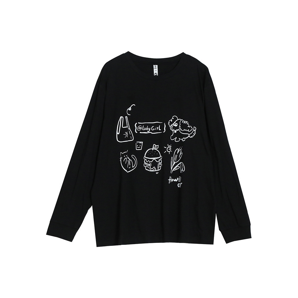 手書き風のイラストプリントが大人可愛いコットン100%長袖トップス10