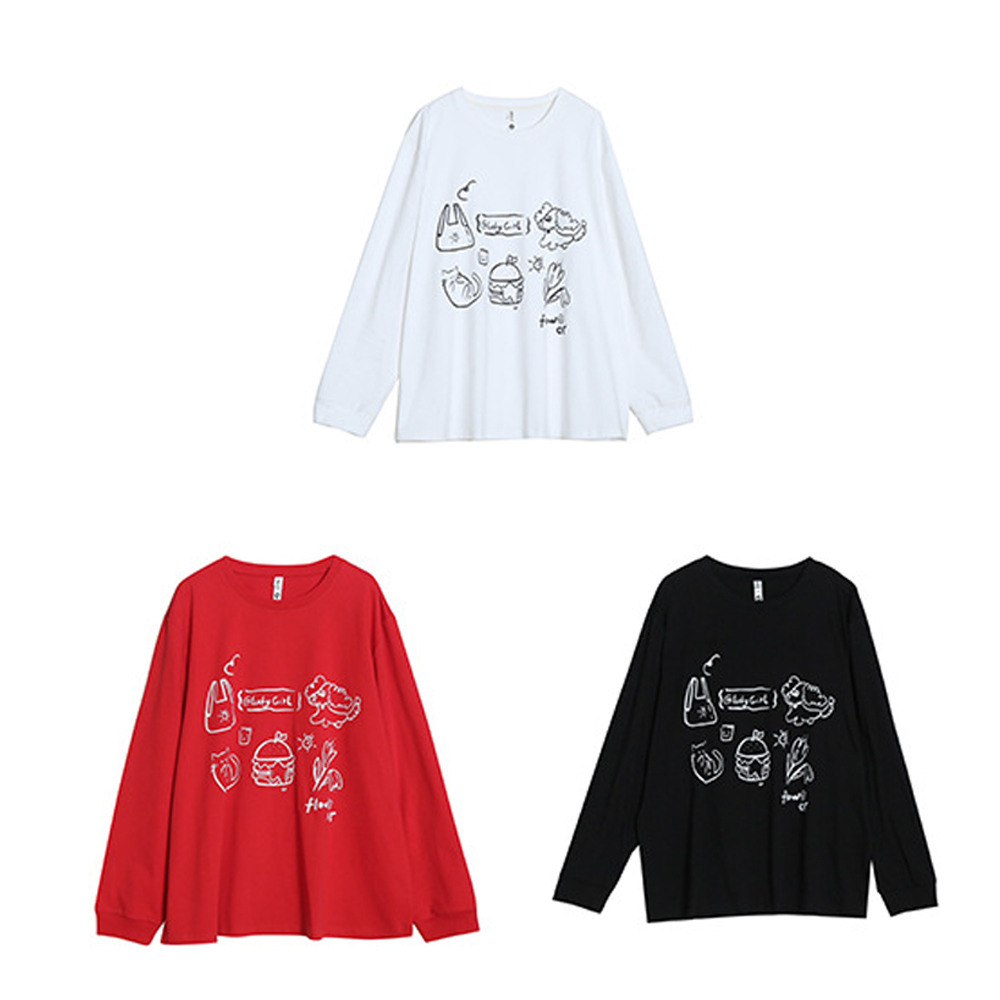 手書き風のイラストプリントが大人可愛いコットン100%長袖トップス18