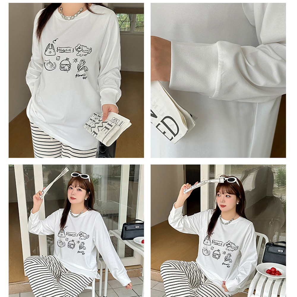 手書き風のイラストプリントが大人可愛いコットン100%長袖トップス8