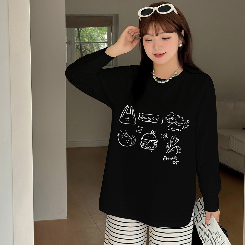 手書き風のイラストプリントが大人可愛いコットン100%長袖トップス1