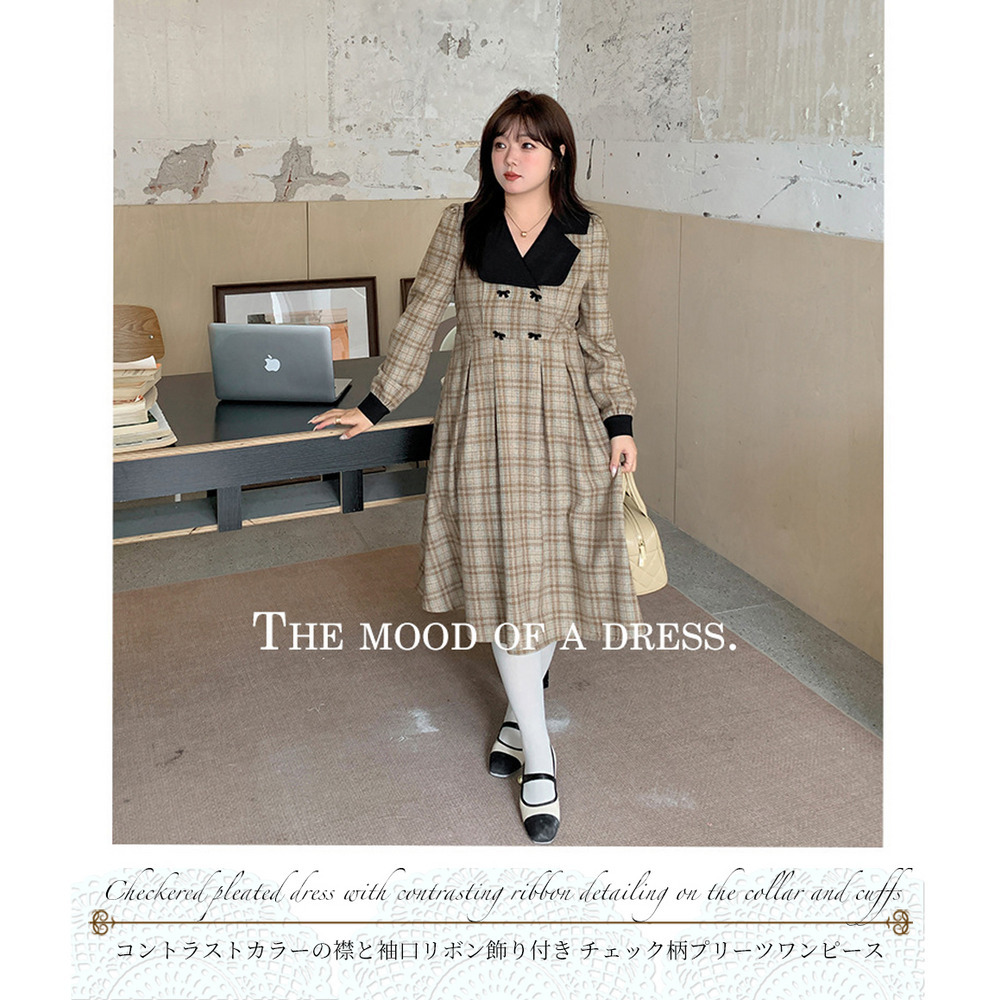 レトロな配色デザインのウールライク生地チェック柄ワンピース13