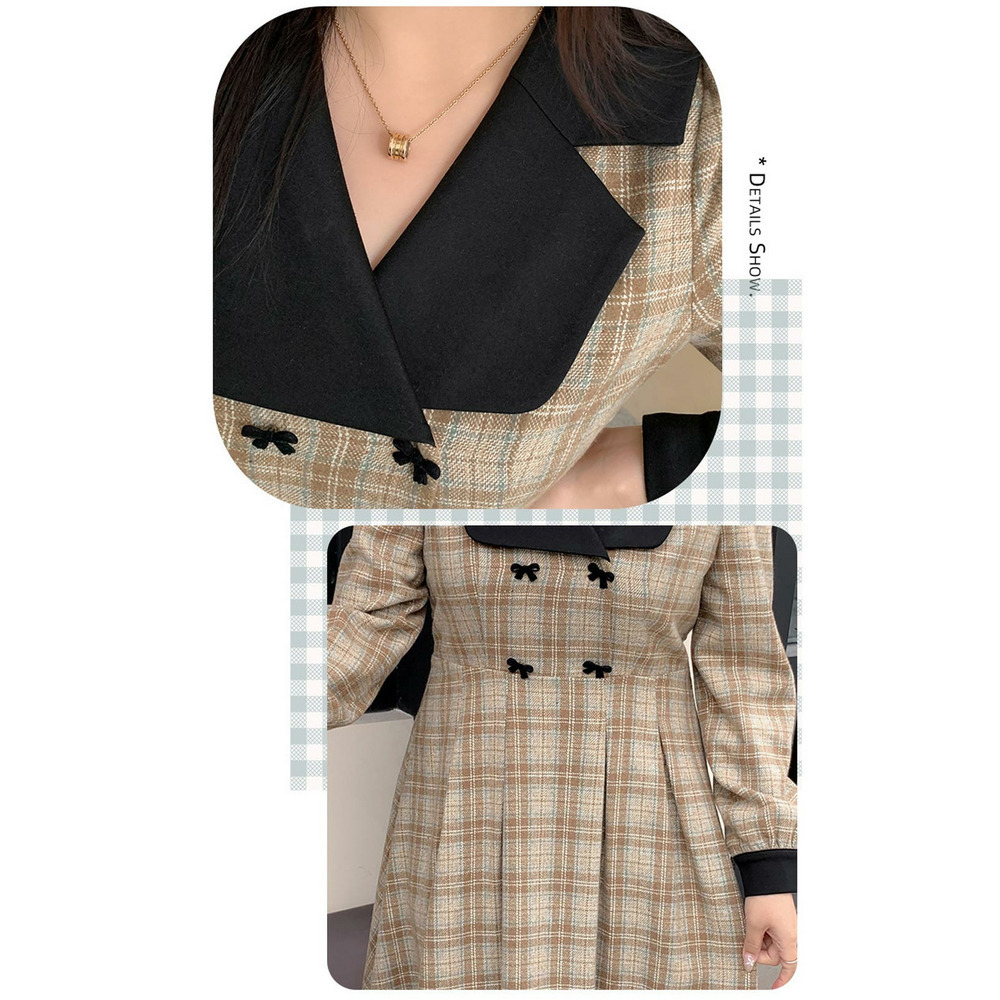 レトロな配色デザインのウールライク生地チェック柄ワンピース15