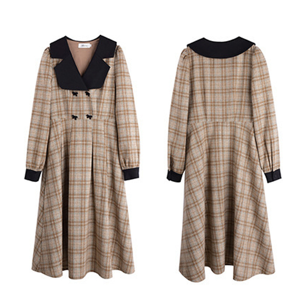 レトロな配色デザインのウールライク生地チェック柄ワンピース18