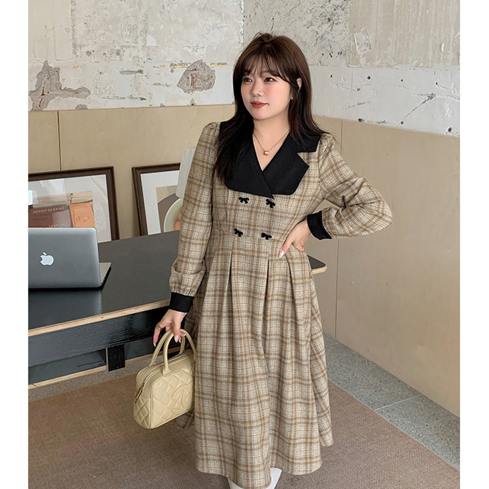 レトロな配色デザインのウールライク生地チェック柄ワンピース5