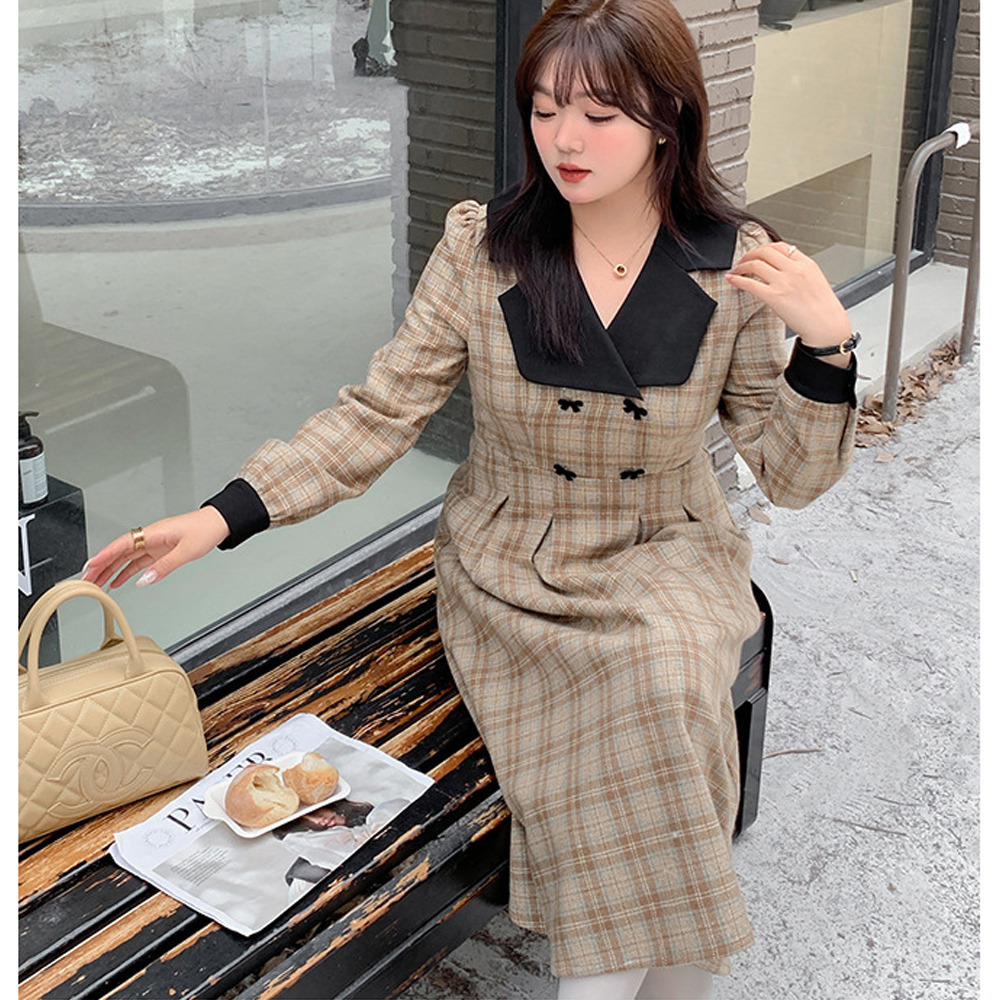 レトロな配色デザインのウールライク生地チェック柄ワンピース7