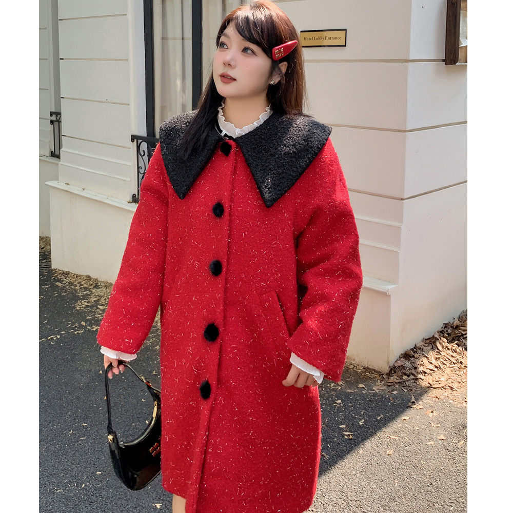 銀糸入ウールライク生地の配色ピーターパンカラーコート4