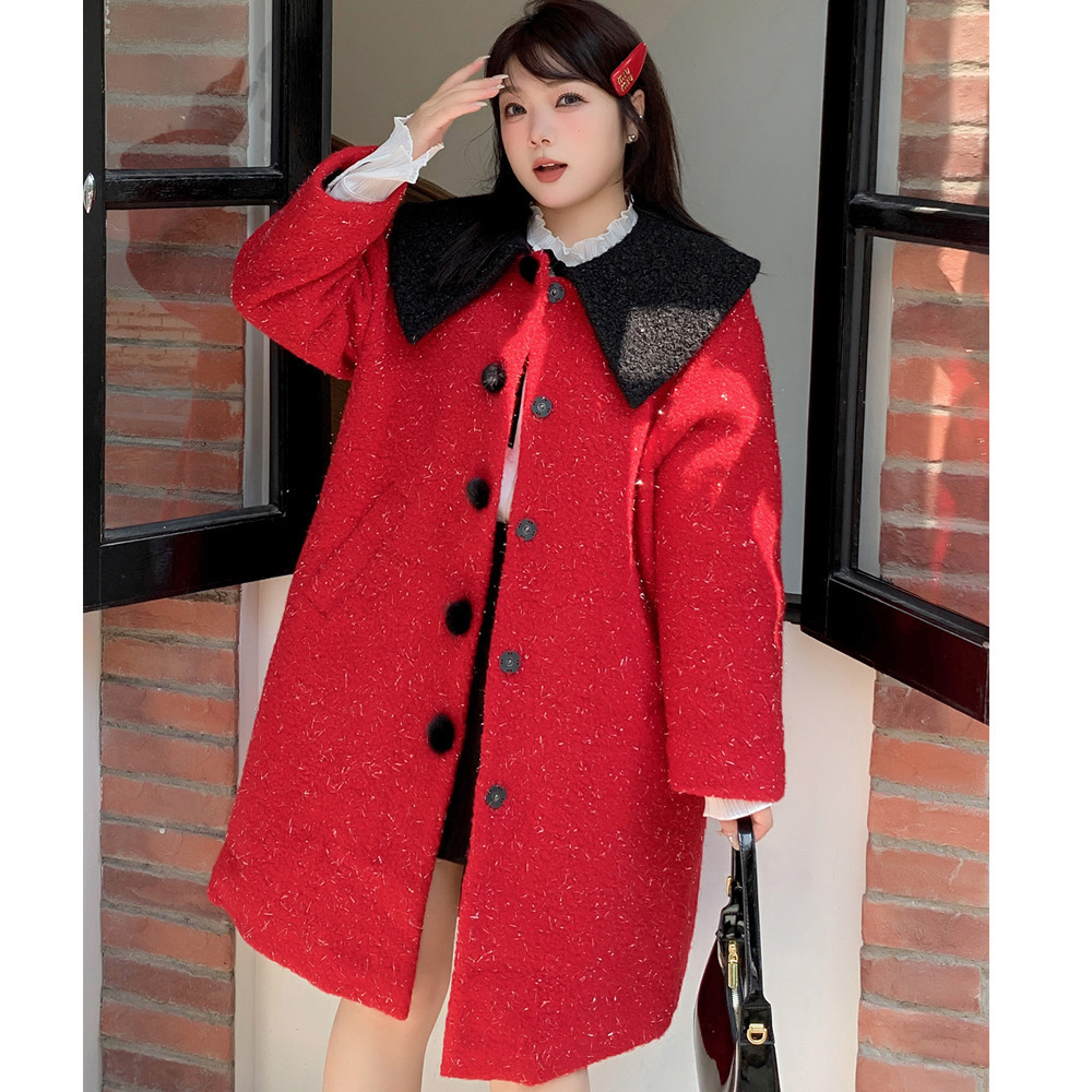 銀糸入ウールライク生地の配色ピーターパンカラーコート5