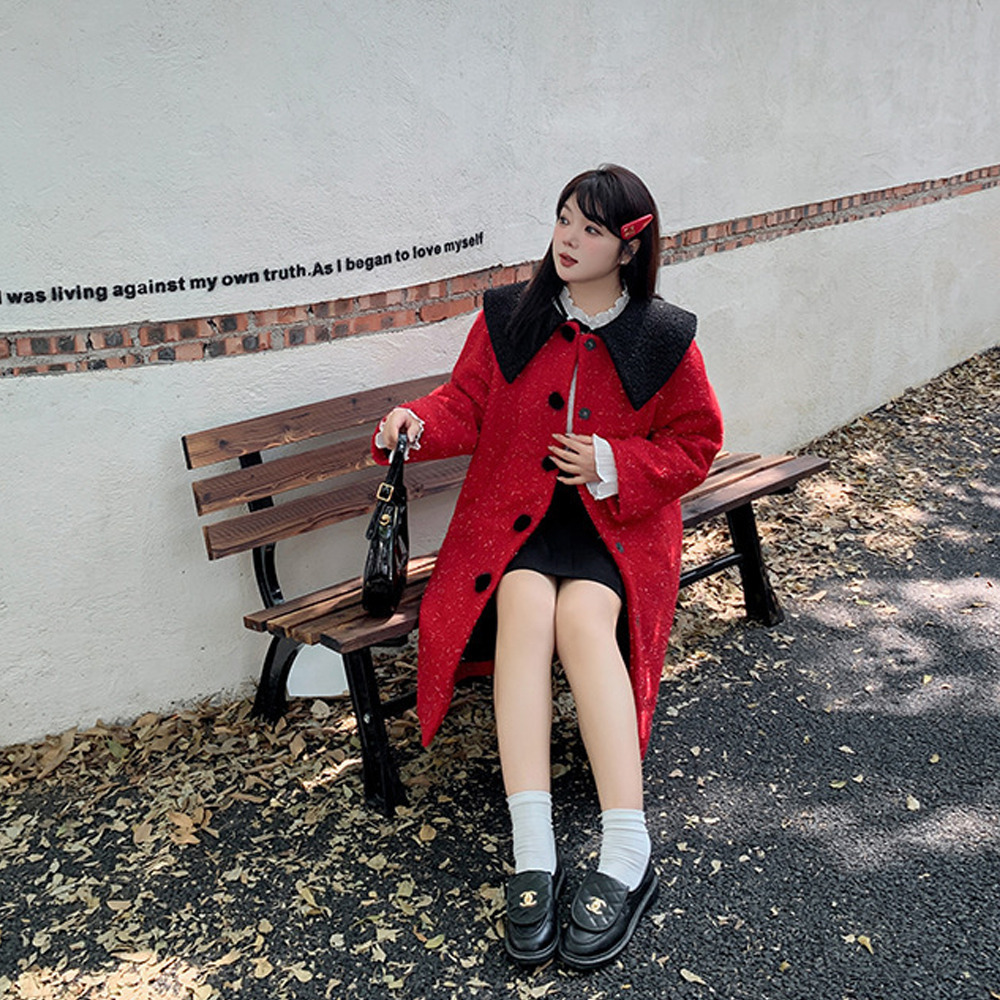 銀糸入ウールライク生地の配色ピーターパンカラーコート6