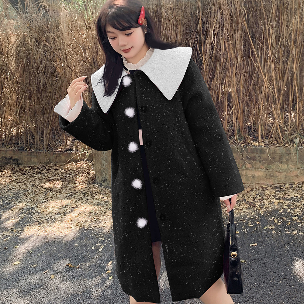 銀糸入ウールライク生地の配色ピーターパンカラーコート1