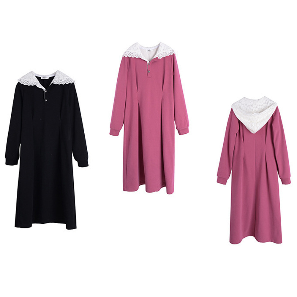 暖かくて大人可愛い起毛レースフード付き ウエストタックワンピース19