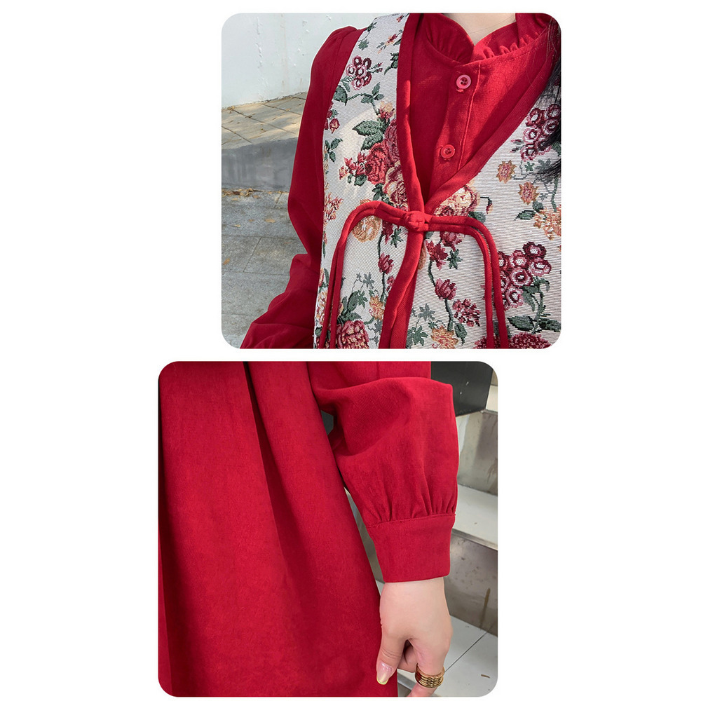 ウエストタックワンピースと花柄ジャガード織りベストのセットアップ15