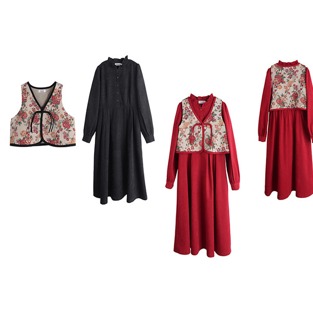 ウエストタックワンピースと花柄ジャガード織りベストのセットアップ18